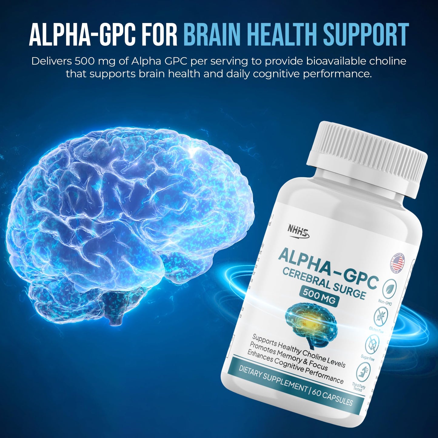 NHHS Alpha GPC Cerebral Surge 500 mg Brain Supplement Capsule, 1 Count