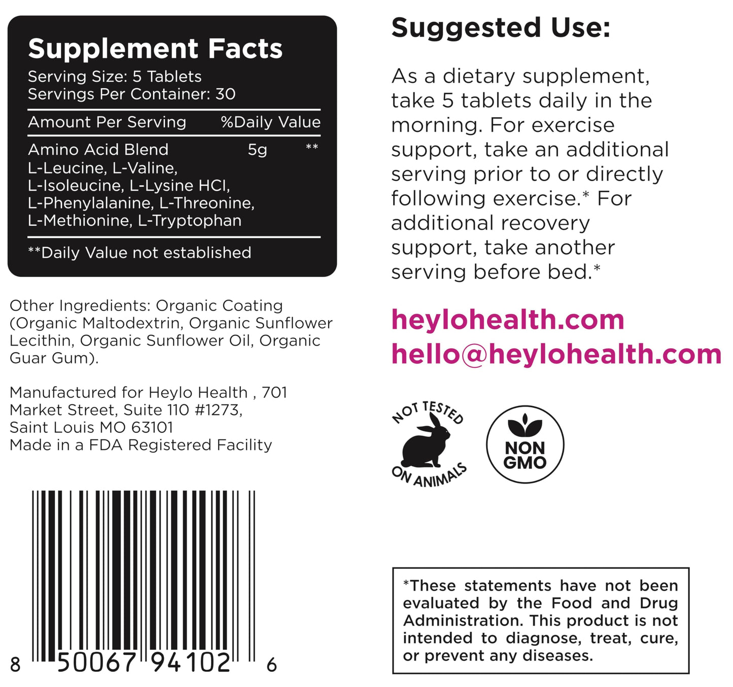 Heylo Health Amino+ Acid Supplement Blend - Essential Amino Acids with BCAAs for Muscle Recovery, Energy, and Protein Synthesis, 150 Tablets
