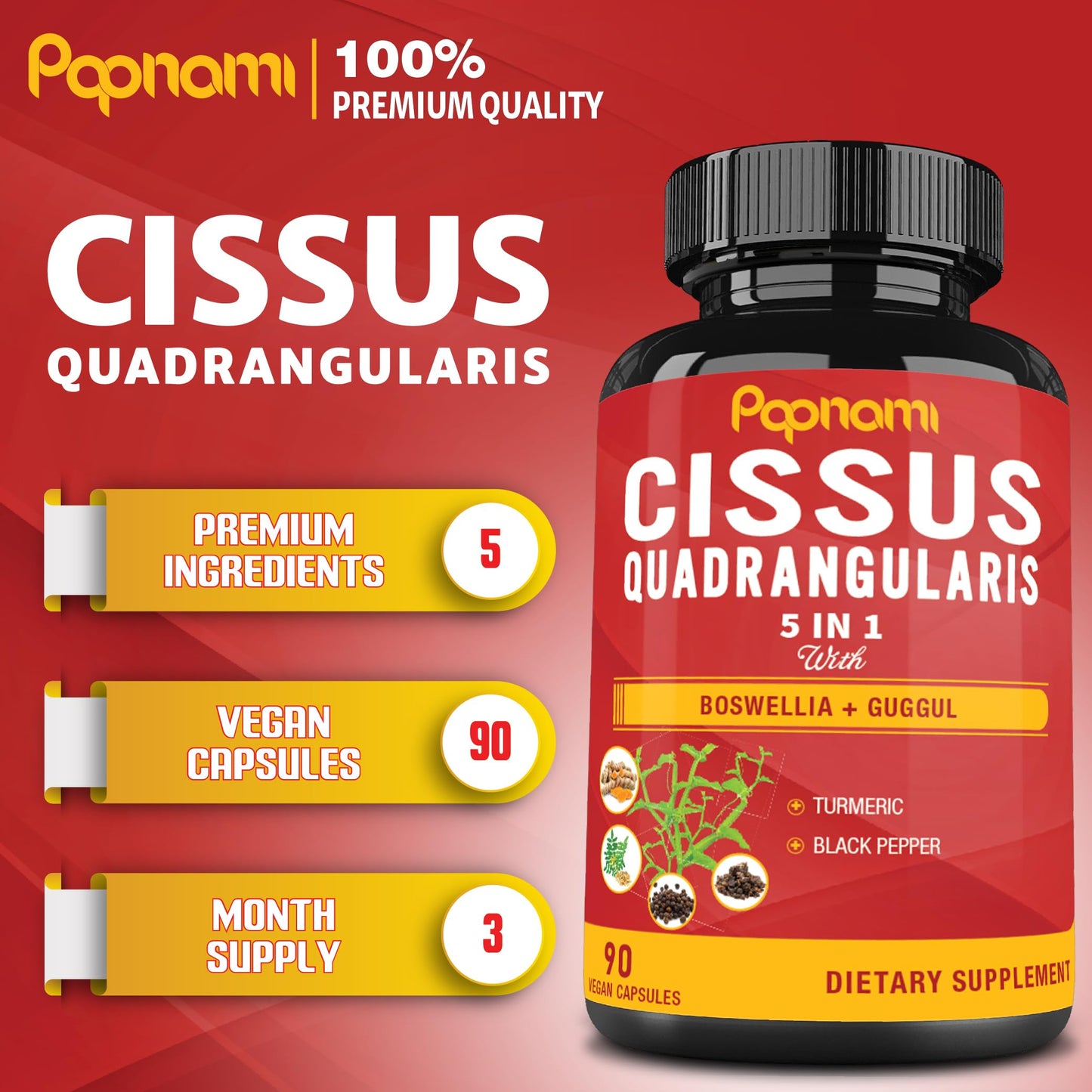 Papnami Super Cissus Quadrangularis Extract Capsules with Boswellia, Guggul, Turmeric, Pepper, 90 Count