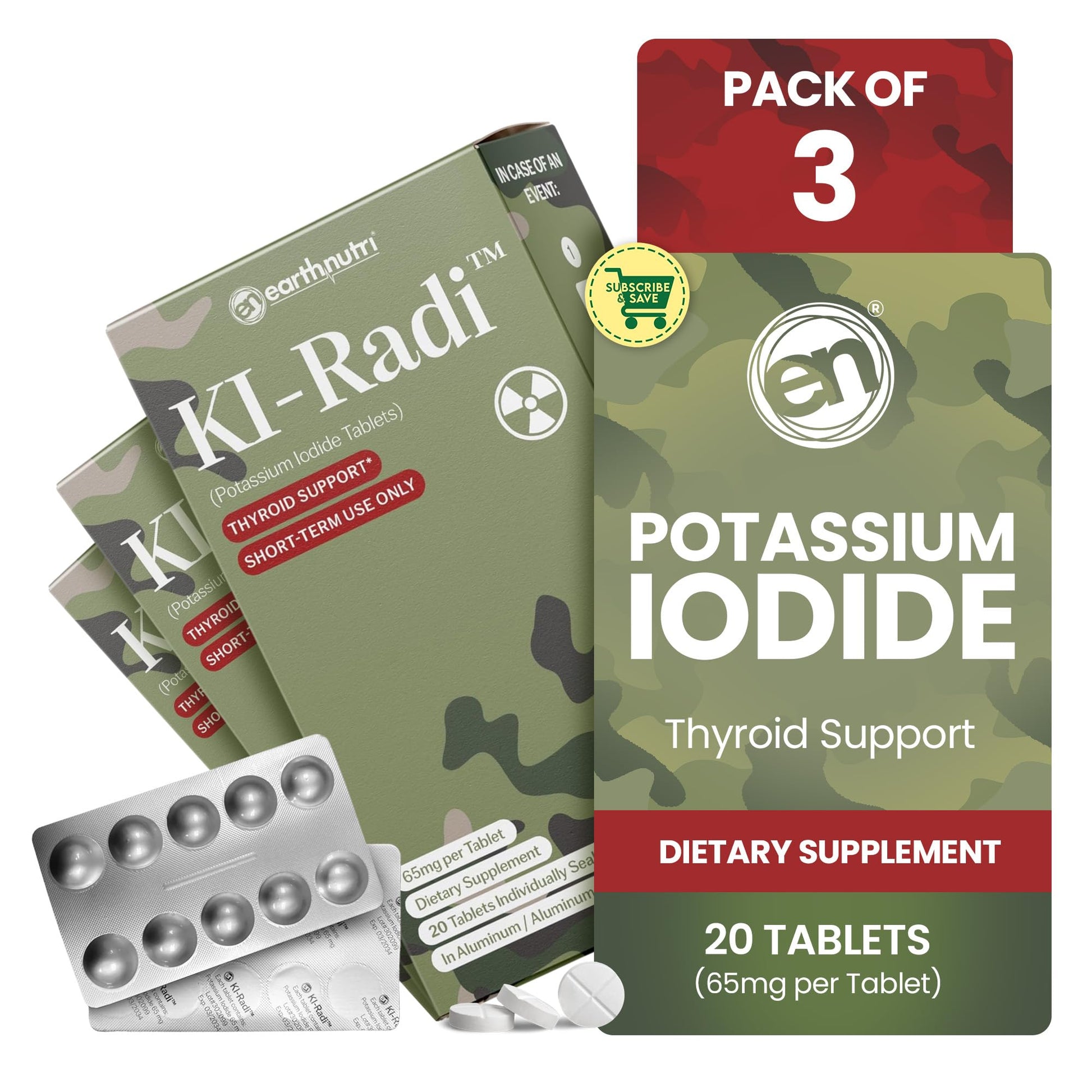 EarthNutri KI-Radi Potassium Iodide KI Tablets 65 mg, 60 Tablets