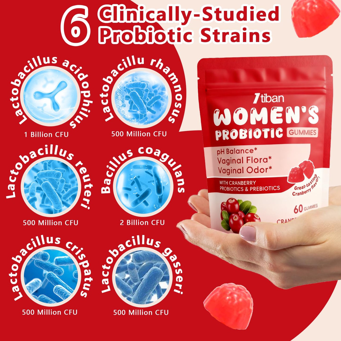 Itiban Vaginal Probiotics Gummies for Women, Premium Feminine pH Balance, Yeast Balance & Flora + Vitamin C for Immune Support, Cranberry Flavor, 60 Gummies