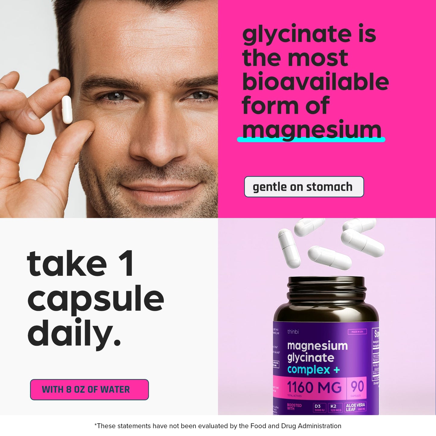 Thinbi Magnesium Glycinate 1160mg + Aloe Vera, D3 & K2 Complex Capsules, 90 Count