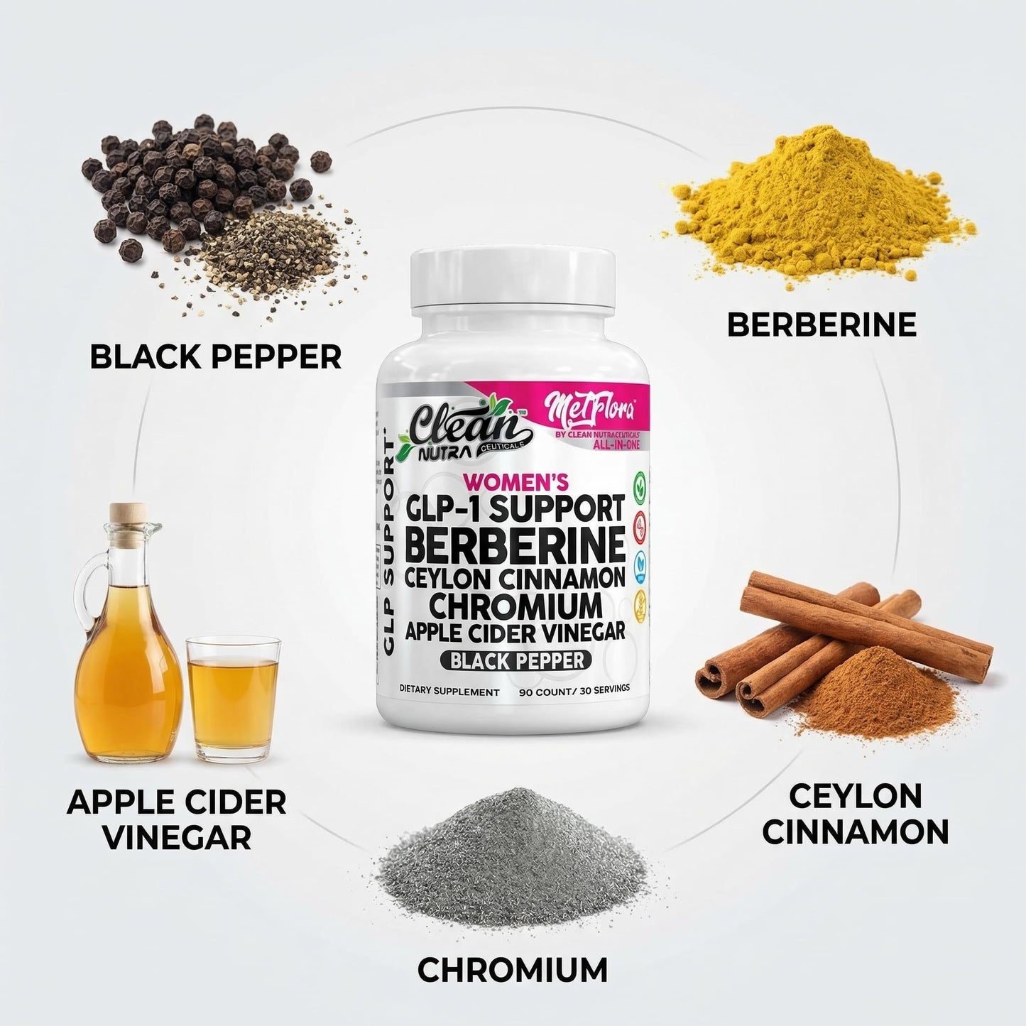 Clean Nutraceuticals Berberine 1000mg Capsule with Apple Cider Vinegar, Women's Metabolic Support with Cinnamon, Chromium Picolinate 1000mcg & Black Pepper Extract, Metabolic Wellness, 90 Count
