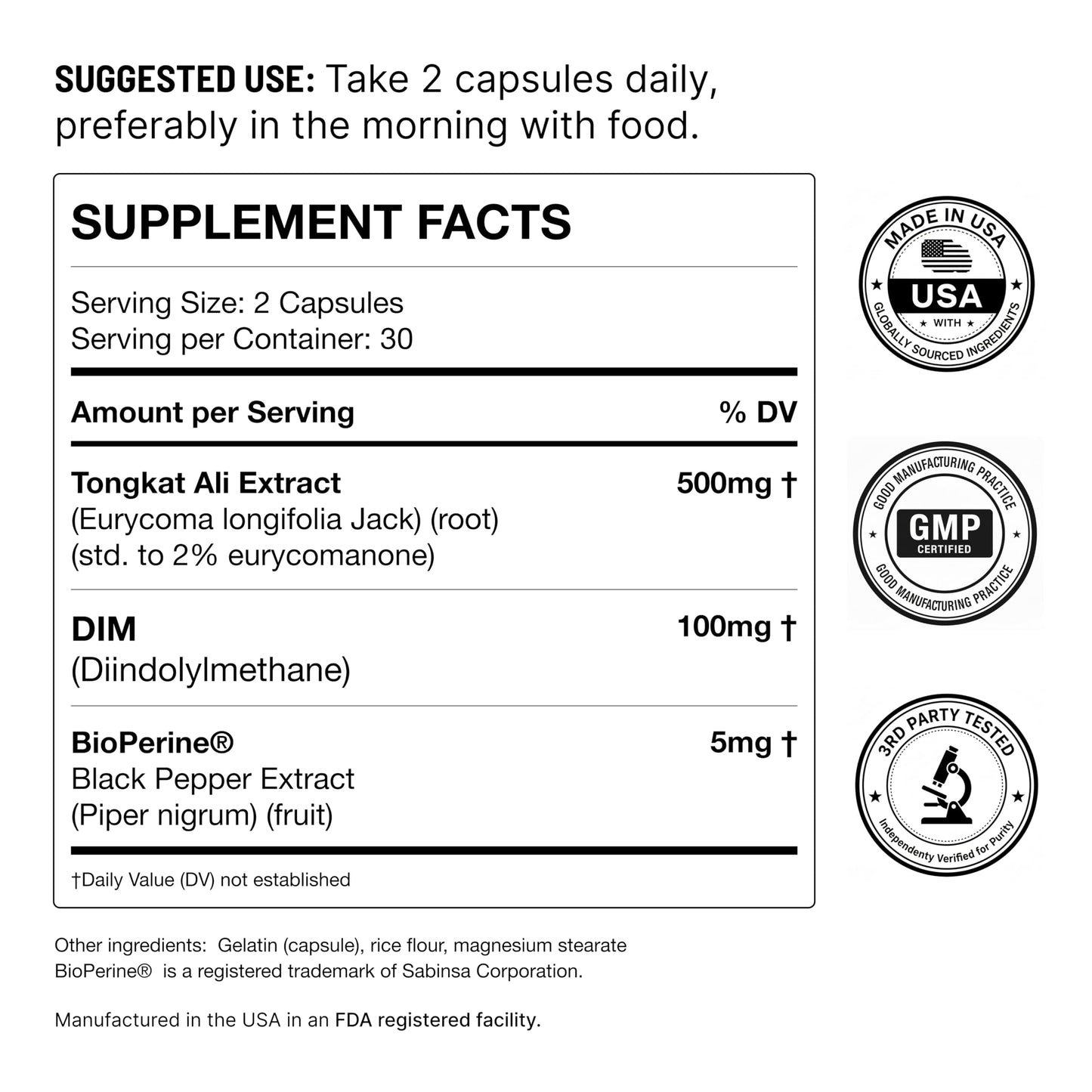STACKED LAB Tongkat Ali for Men – 500mg Longjack Extract Standardized to 2% Eurycomanone | Supports Strength, Vitality & Hormone Balance | With DIM & BioPerine | 60 Capsules