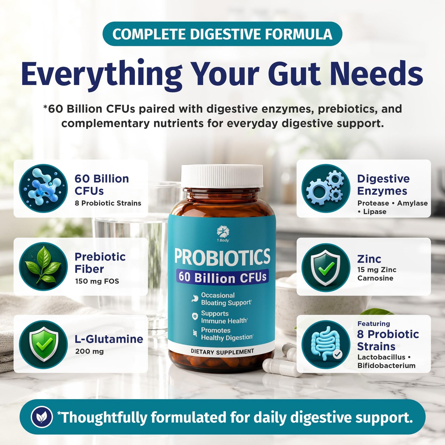 1 Body Probiotic 60 Billion with Prebiotics & Enzymes Capsules, 60 Capsules