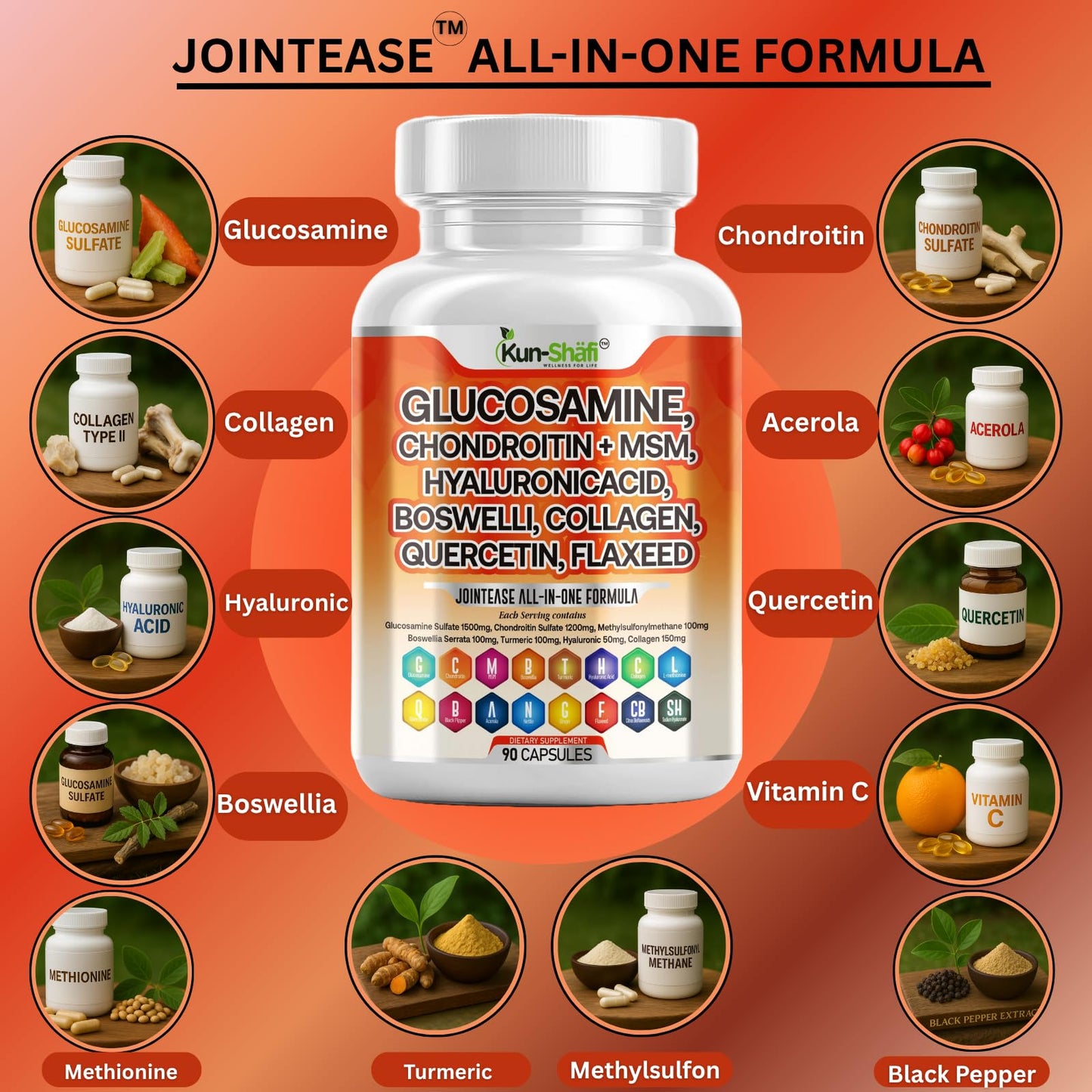 Kun Shafi Glucosamine Chondroitin MSM Supplement Capsules 90 Count