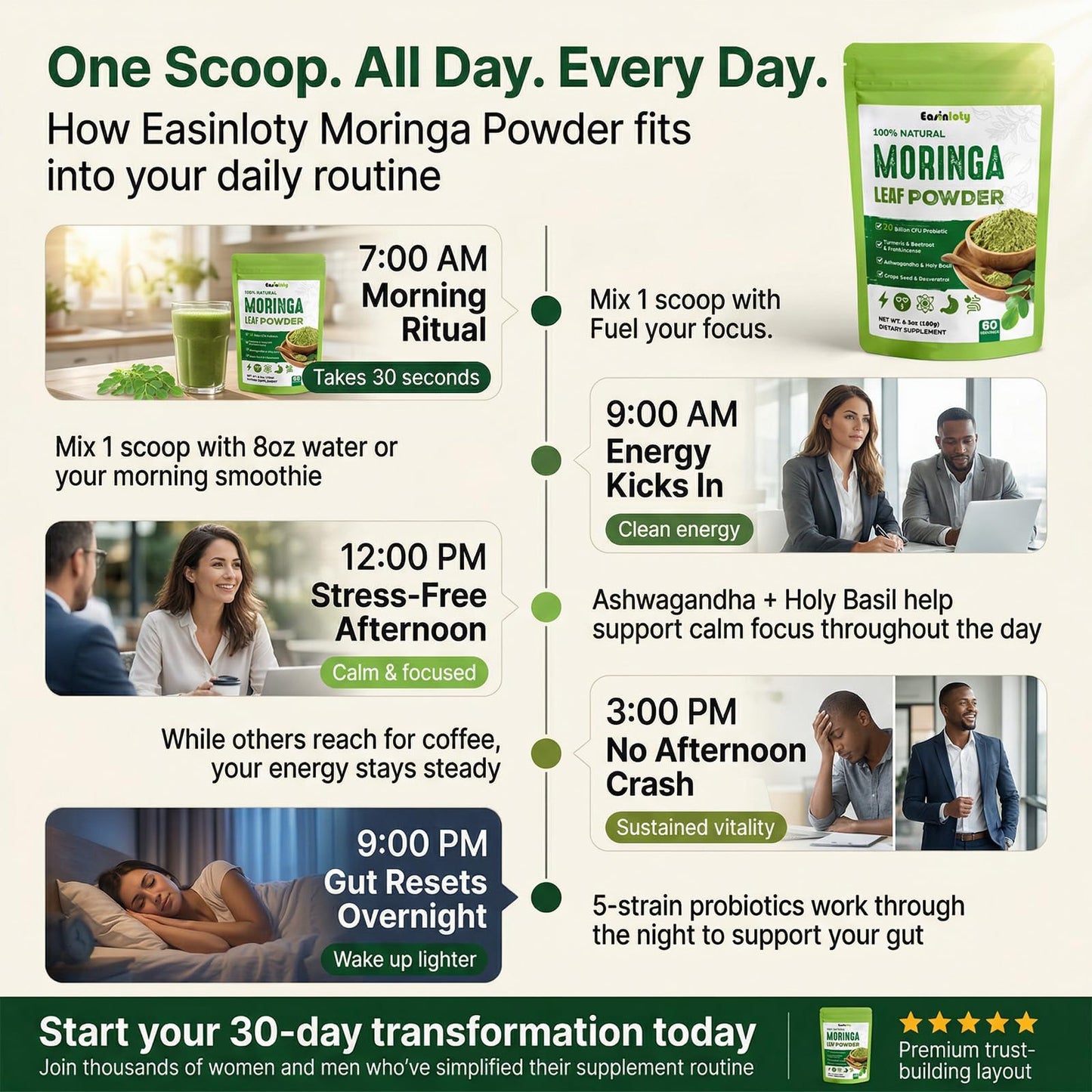 Easinloty Moringa Powder Organic 2000mg with Ashwagandha, Turmeric, 20B CFU Probiotic, 6.3 oz
