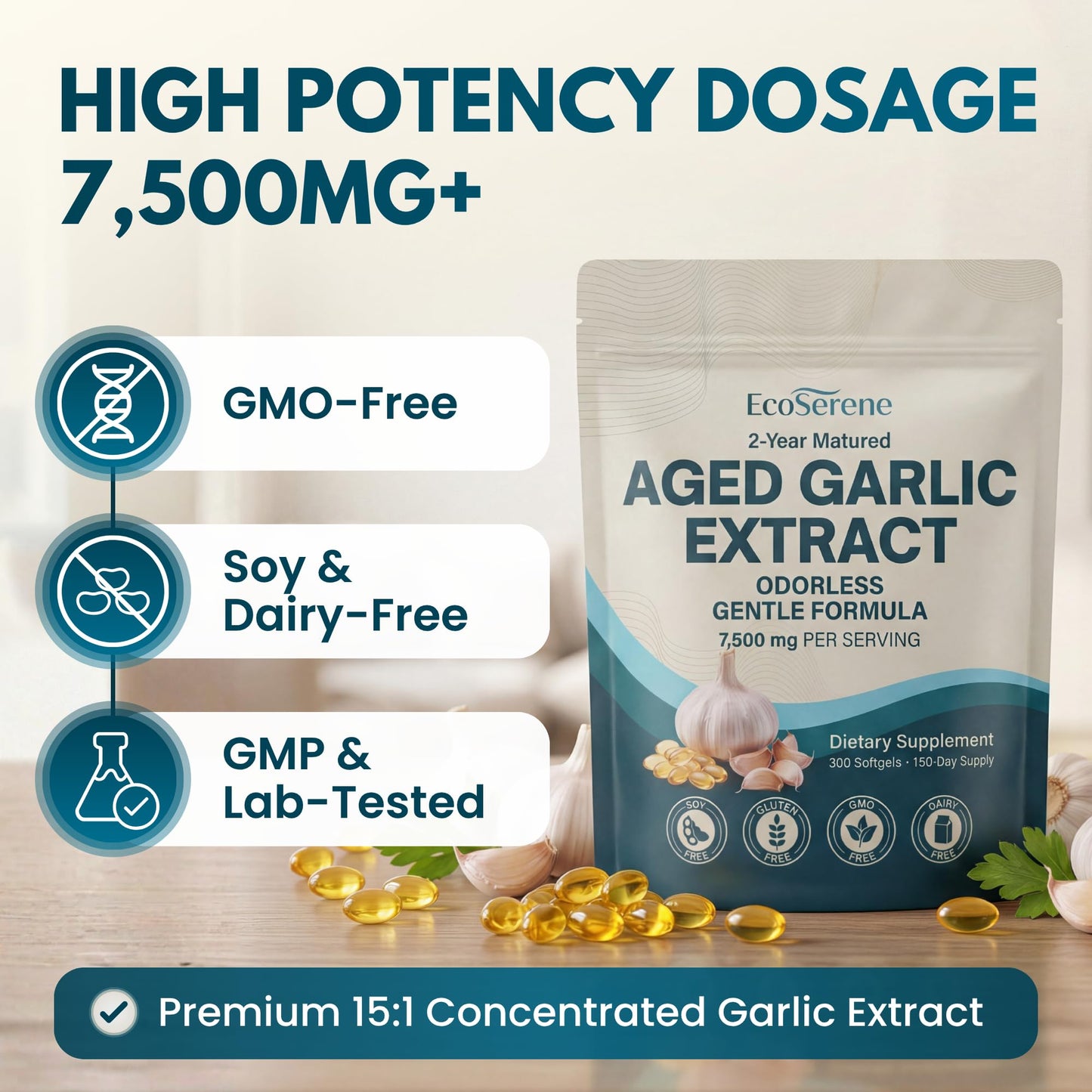 ECOSERENE Aged Garlic Extract 7500mg Softgels, 300 Count