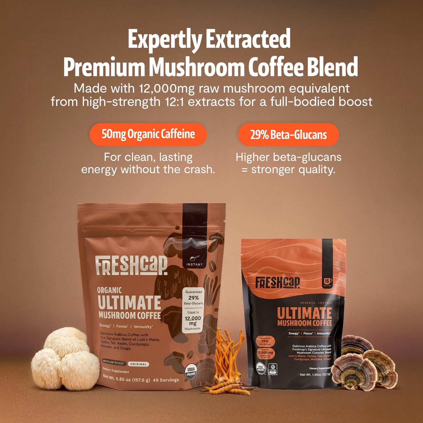 FreshCap Mushrooms Premium Organic Mushroom Coffee Powder 12:1 Fruiting Body Extract 29% Beta-Glucans 45 Servings