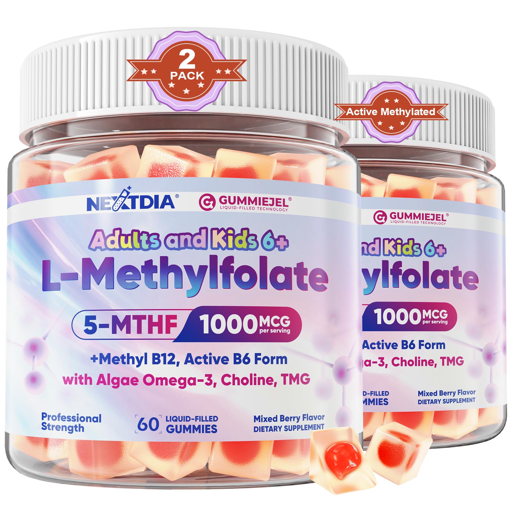 Nextdia L-Methylfolate 1000 mcg + Methyl B12 Gummies for Kids & Adults, Gummy, 120