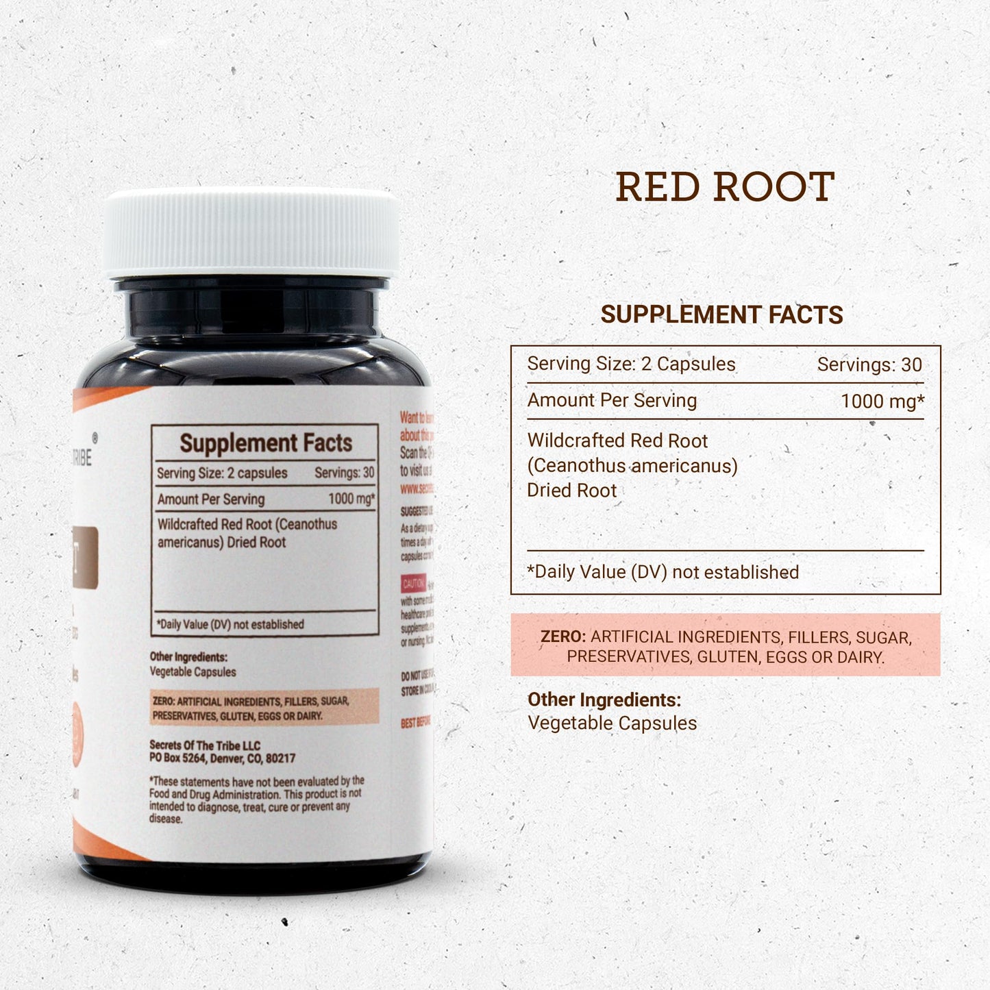 Secrets of the Tribe Red Root 1000 mg Wildcrafted Red Root (Ceanothus Americanus) Dried Bark, 60 Capsules