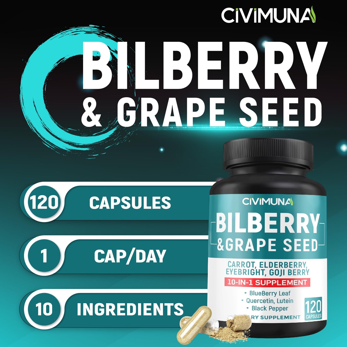 CIVIMUNA Bilberry Extract Capsules, 120 Count