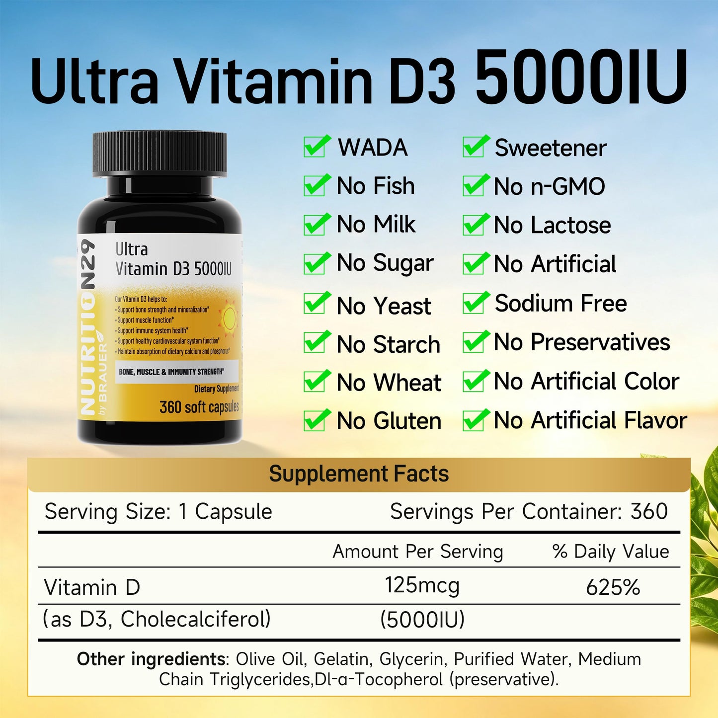 NUTRITION29 Vitamin D3 5000 IU (125 mcg) Softgels, 360