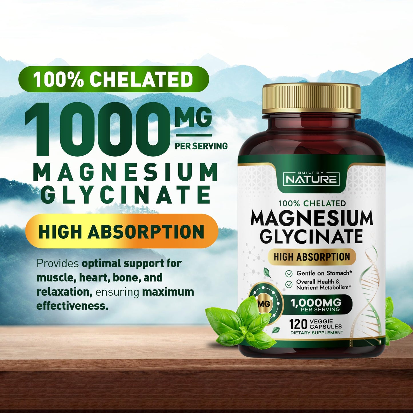 Built by Nature Magnesium Glycinate 1000mg High Absorption Magnesium Supplement – 100% Chelated, Gentle on Stomach – Muscle, Heart, Bone & Relaxation Support, Non-GMO, Vegan, 120 Capsules