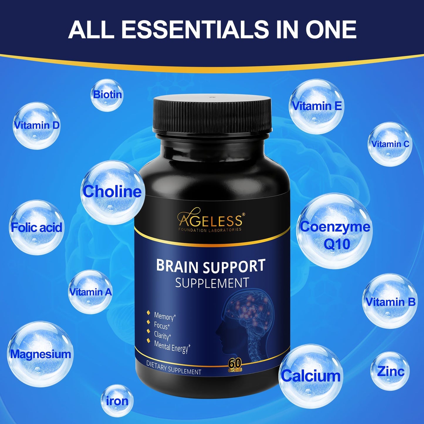 Ageless Foundation Laboratories Ageless Brain Supplement for Memory and Focus Capsule, 60 Capsules