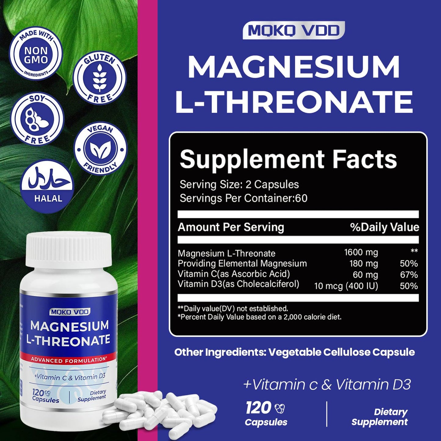 MQKQ VDD Magnesium L-Threonate Vitamin C & D3 Capsules 120 Count