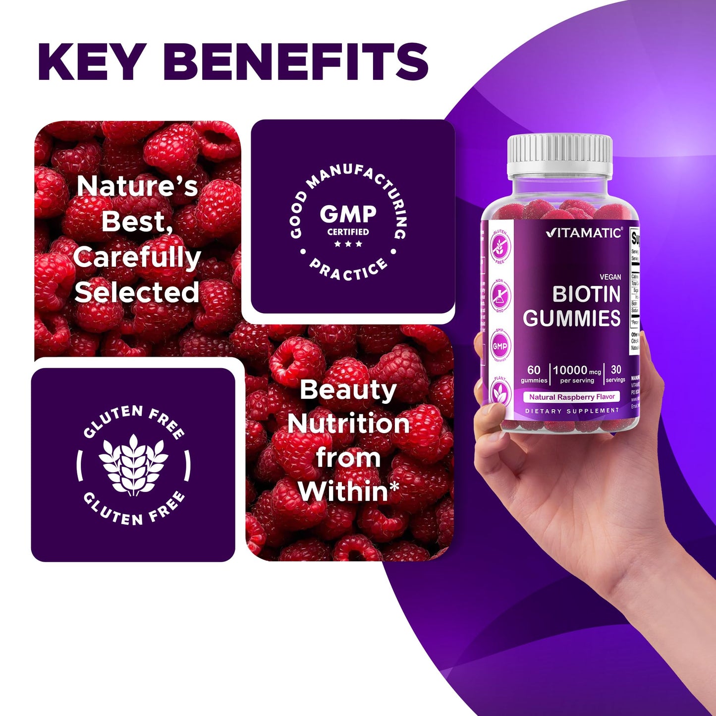 Vitamatic Biotin Gummies 10,000 mcg, 60 Gummies