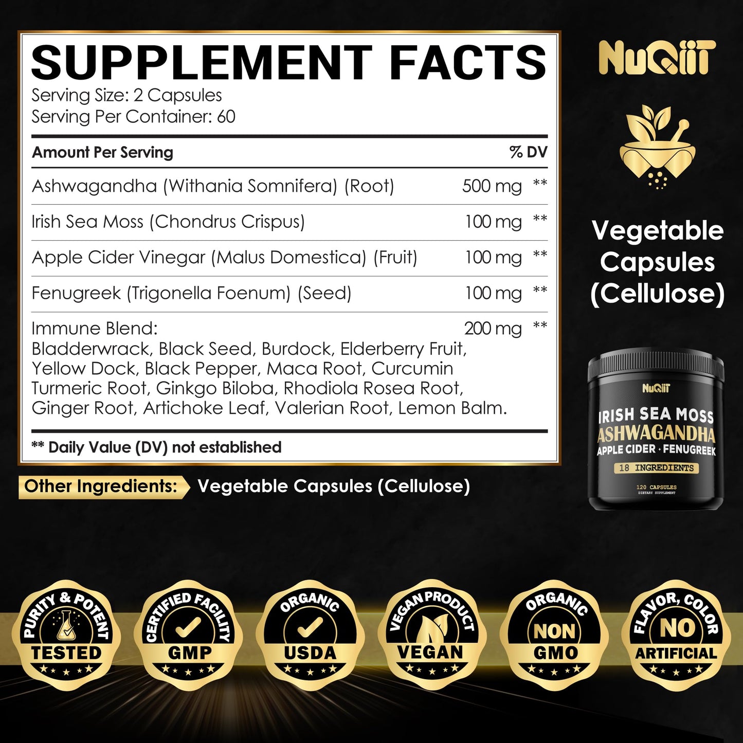NUQIIT Organic Ashwangdha Capsules with Irish Sea Moss Apple Cider Vinegar & More, 120 Vegan Capsules