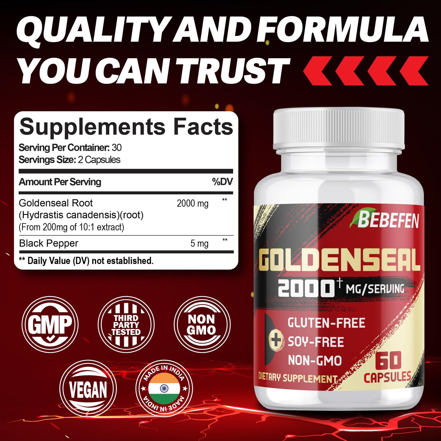 BEBEFEN Goldenseal Root 2000mg Capsule, 60 Count