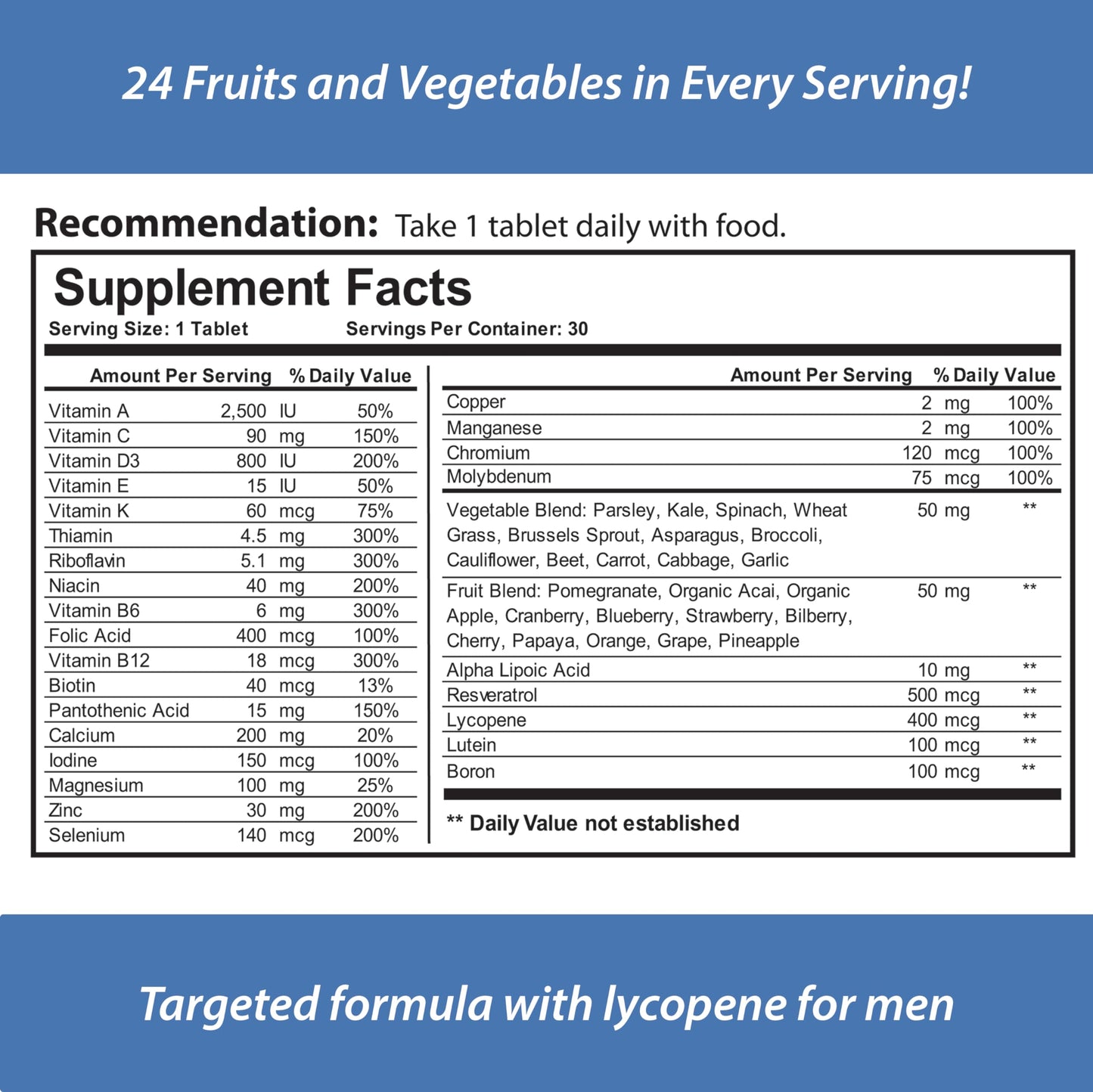 Reload! Multivitamin Tablet for Men, All Natural Multimineral & Antioxidant with 24 Fruits & Vegetables, 30 Tablets