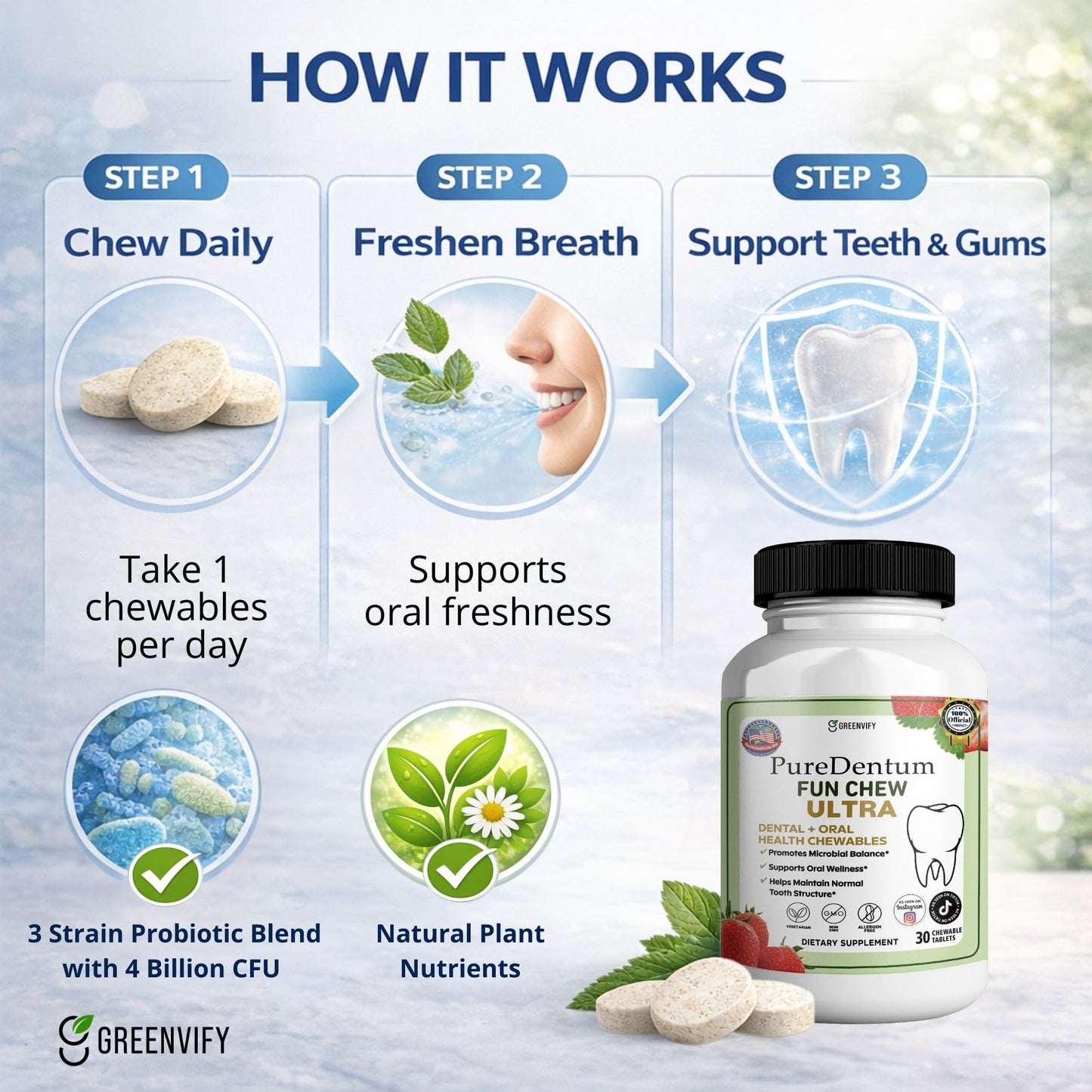 GREENVIFY PureDentum Fun Ultra Dental + Oral Health Probiotic Capsules, 3-Strain Probiotic, 60 Capsules