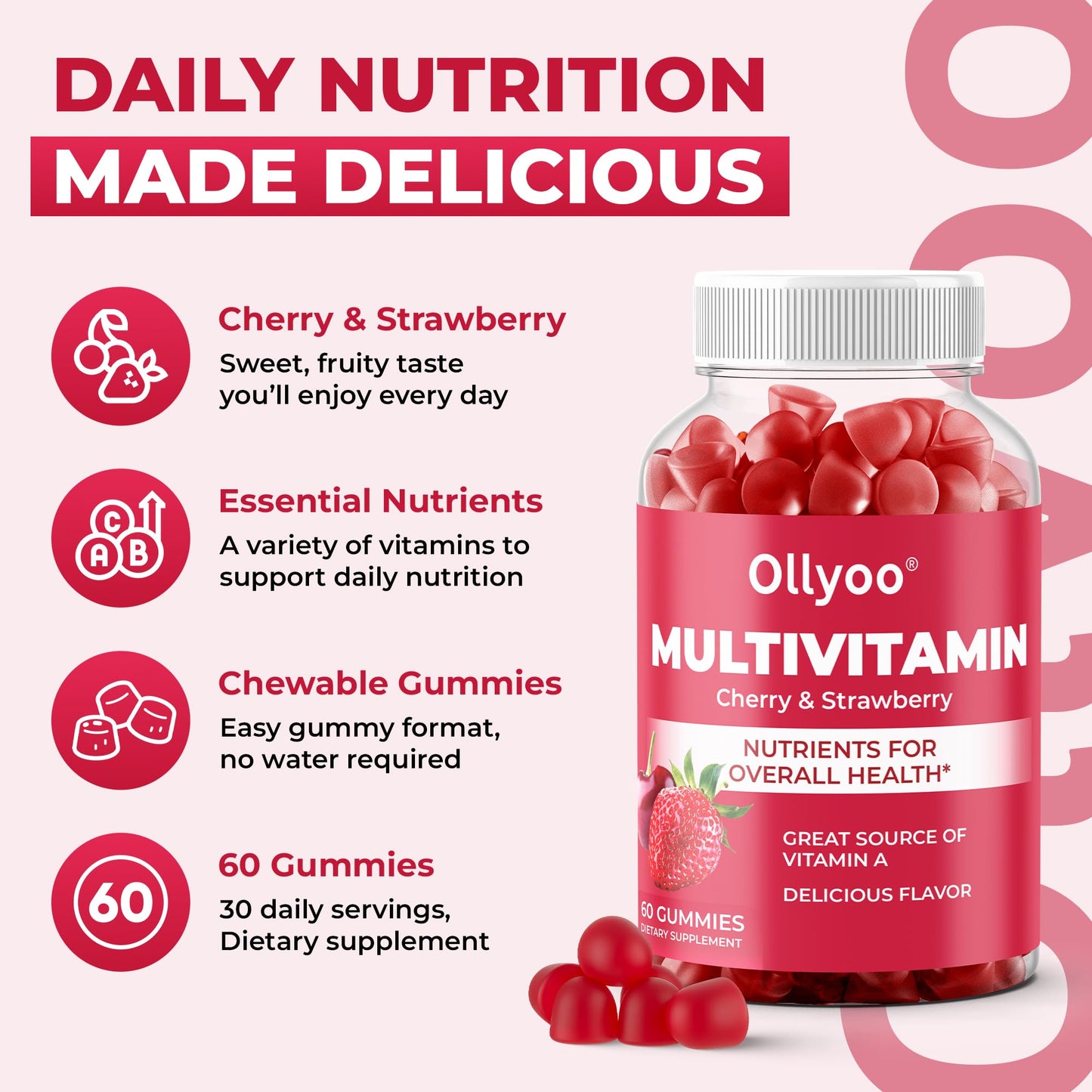 Ollyoo Adult Multivitamin Gummies for Men and Women, 60 Count