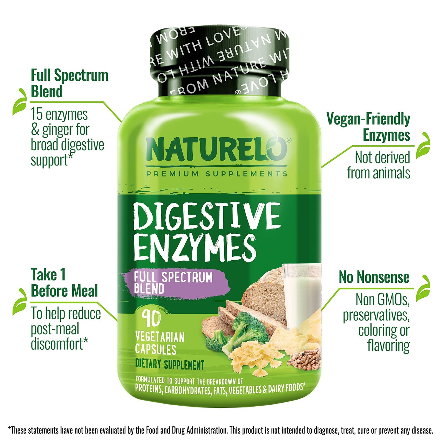NATURELO Digestive Enzymes Full Spectrum Support with a Broad Blend of 15 Enzymes Plus Ginger Capsules, 180 Count