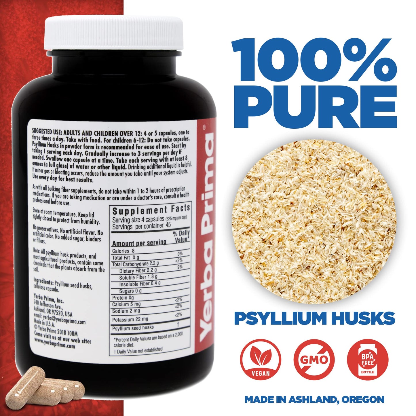 Yerba Prima Psyllium Husks Capsules, 180 Count