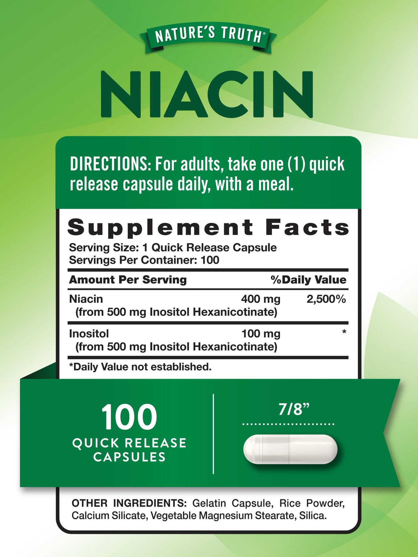 Nature's Truth Flush Free Niacin 500mg Capsules, 100 Count