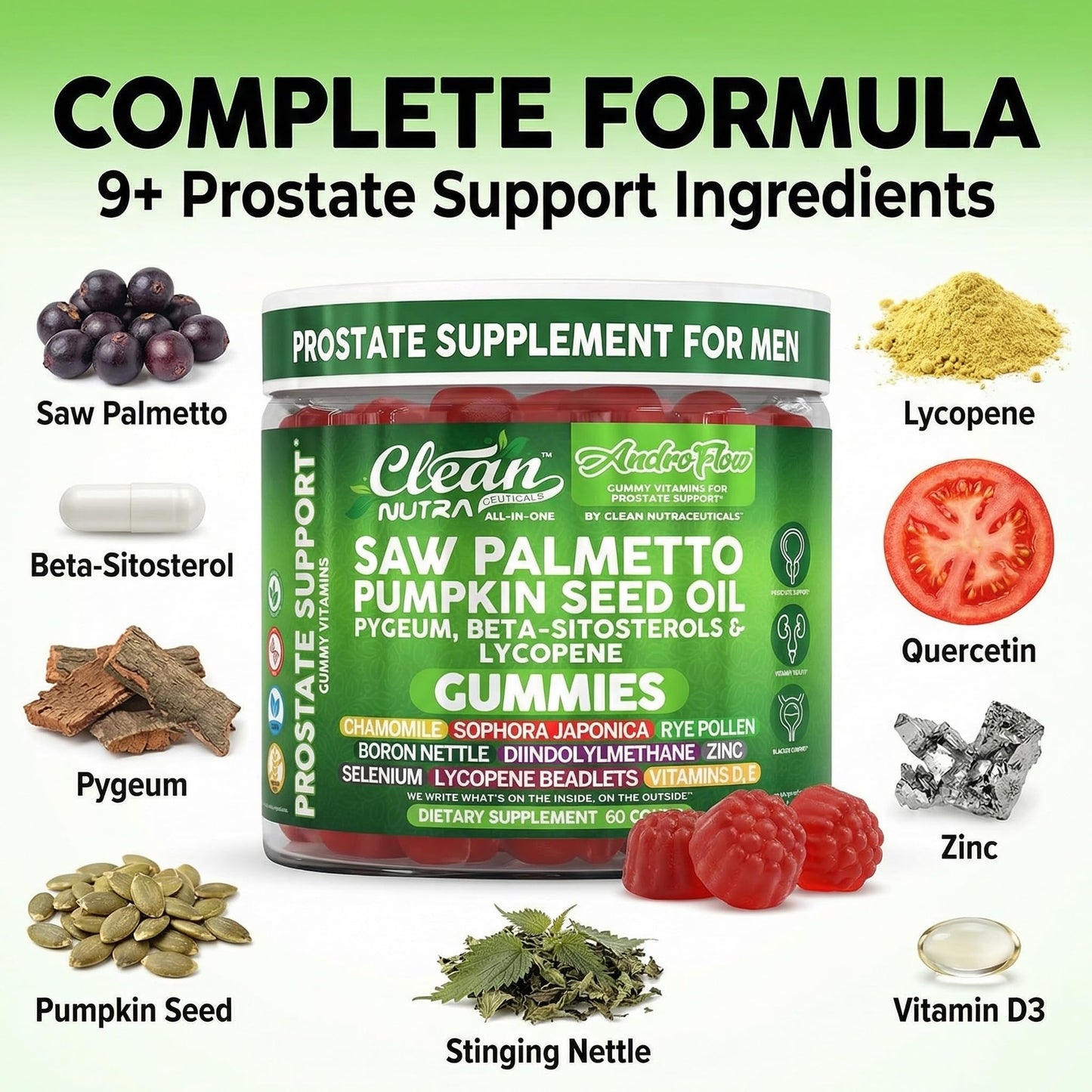 Clean Nutraceuticals AndroFlow Saw Palmetto and Pumpkin Seed Oil Prostate Health Supplements for Men 60 Gummies