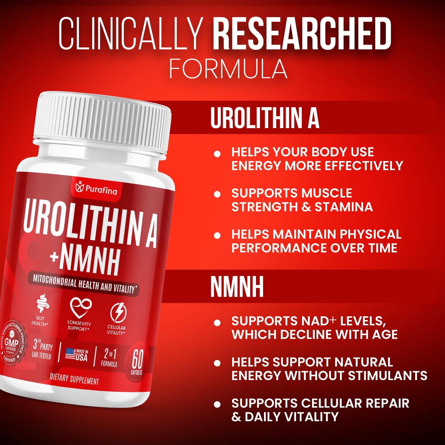 Purafina Urolithin A Supplement with NMNH for Mitochondrial Support, Cellular Energy, Healthy Aging, Muscle Health, Vitality & Cellular Wellness, 60 Capsules