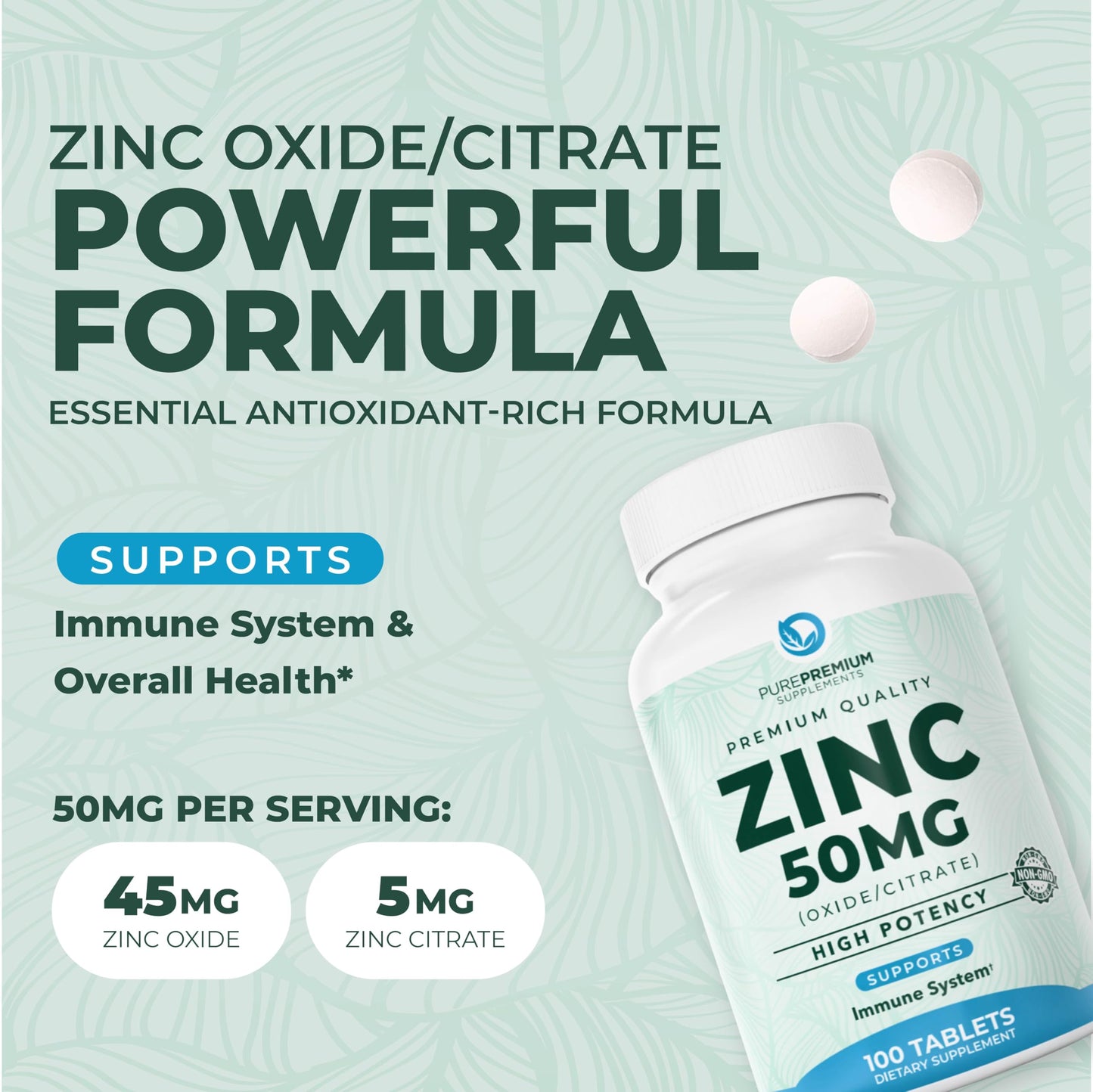 PurePremium Supplements Natural Zinc 50mg Tablets, 100 Count
