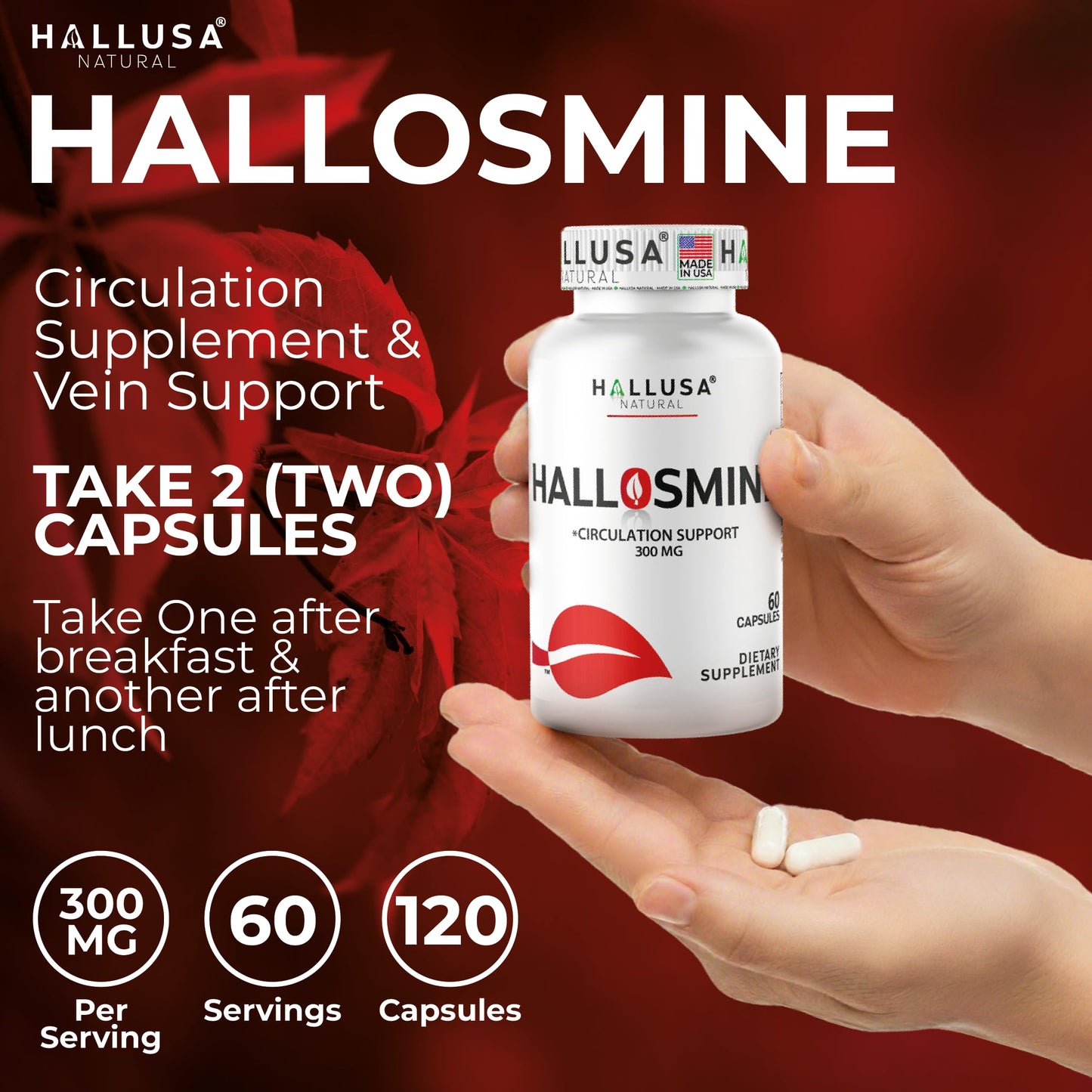 Hallusa Natural Hallosmine Diosmin 300mg Supplement, 120 Capsules