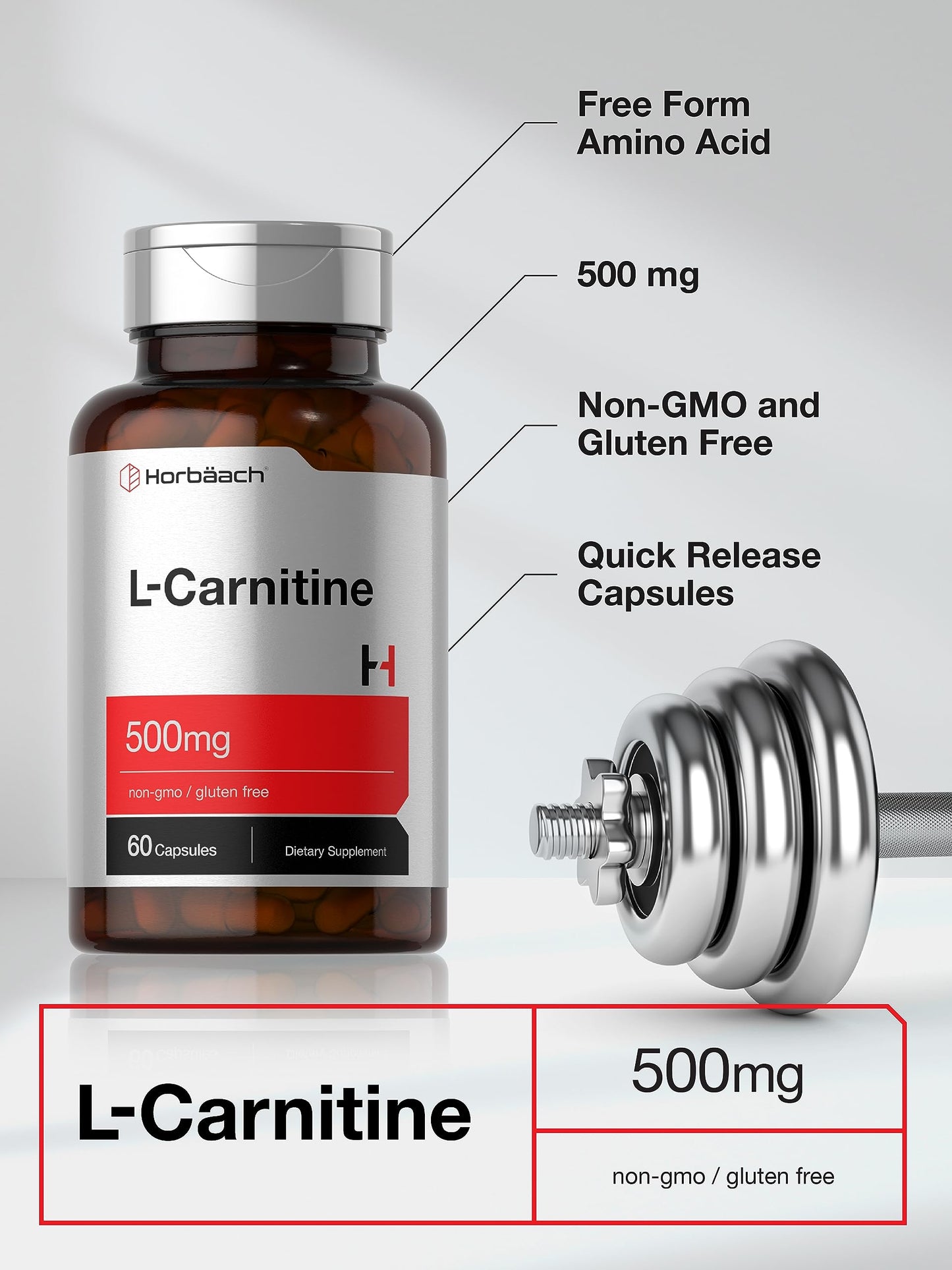 Horbäach L-Carnitine Supplement 500mg Capsules, 60 Count