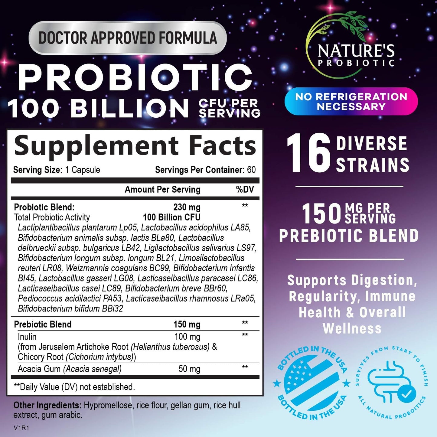 Nature's Probiotic Probiotics for Digestive Health - Probiotic Blend 100 Billion CFU Per Capsule, 16 Premium Strains & Prebiotics, 60 Capsules