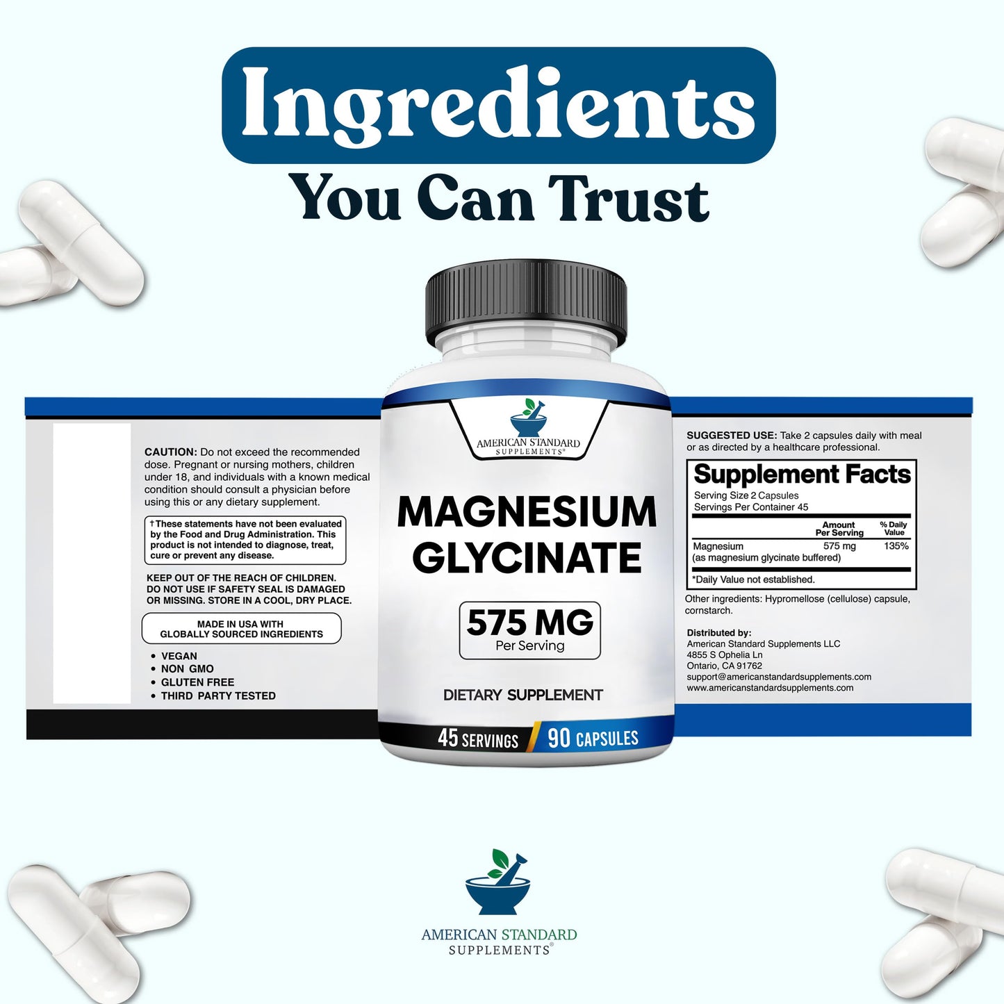 American Standard Supplements Magnesium Glycinate 575mg per Serving Capsule, 90 Count