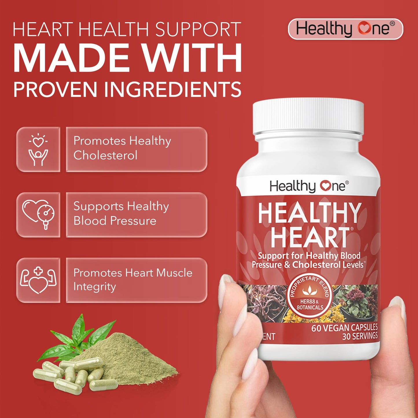 Healthy One Healthy Heart - Healthy Cholesterol Circulation & Blood Pressure Capsule, 60 Count