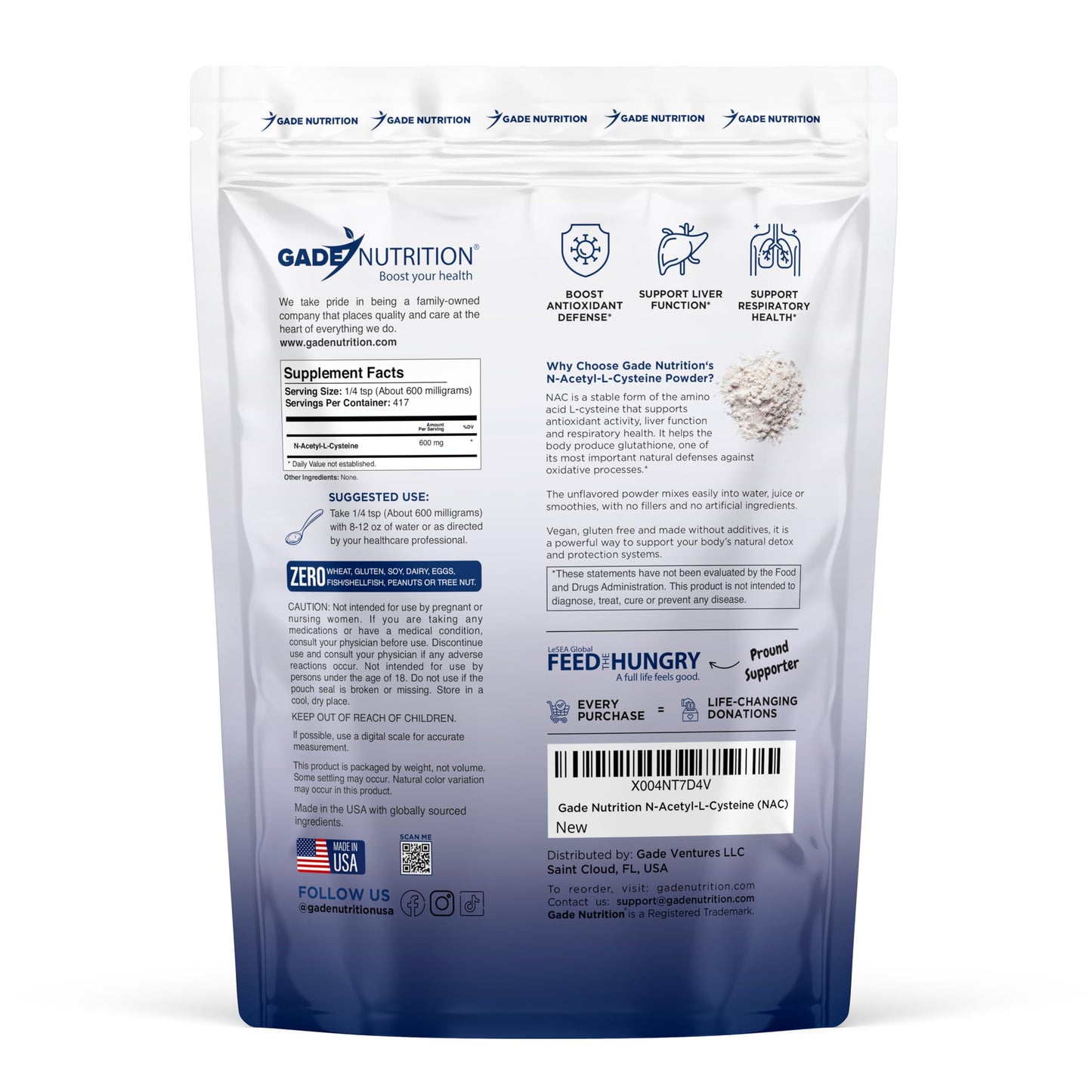 Gade Nutrition NAC Powder - N-Acetyl-Cysteine, 600 mg per Serving, 250 g (8.8 oz), 416 Servings, Non-GMO, Gluten-Free, Dairy Free, Vegan, USA Made