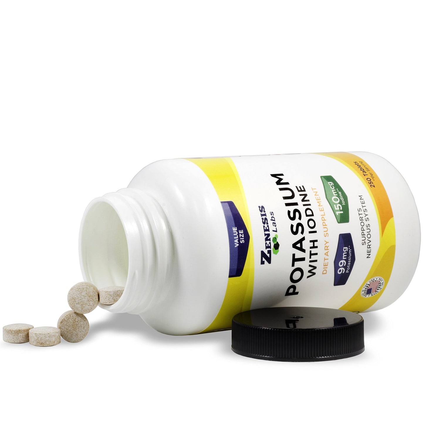 Zenesis Labs Potassium Gluconate 99mg + 150mcg Iodine from Kelp Tablets, 250 Count