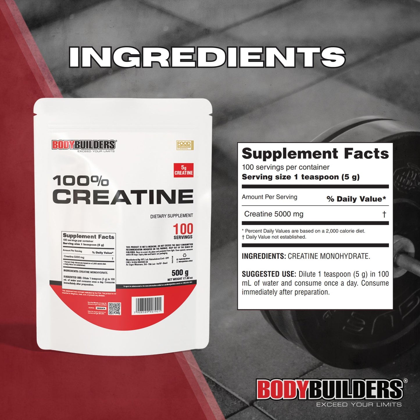 BODY BUILDERS 100% Creatine Unflavored Powder, 100 Servings