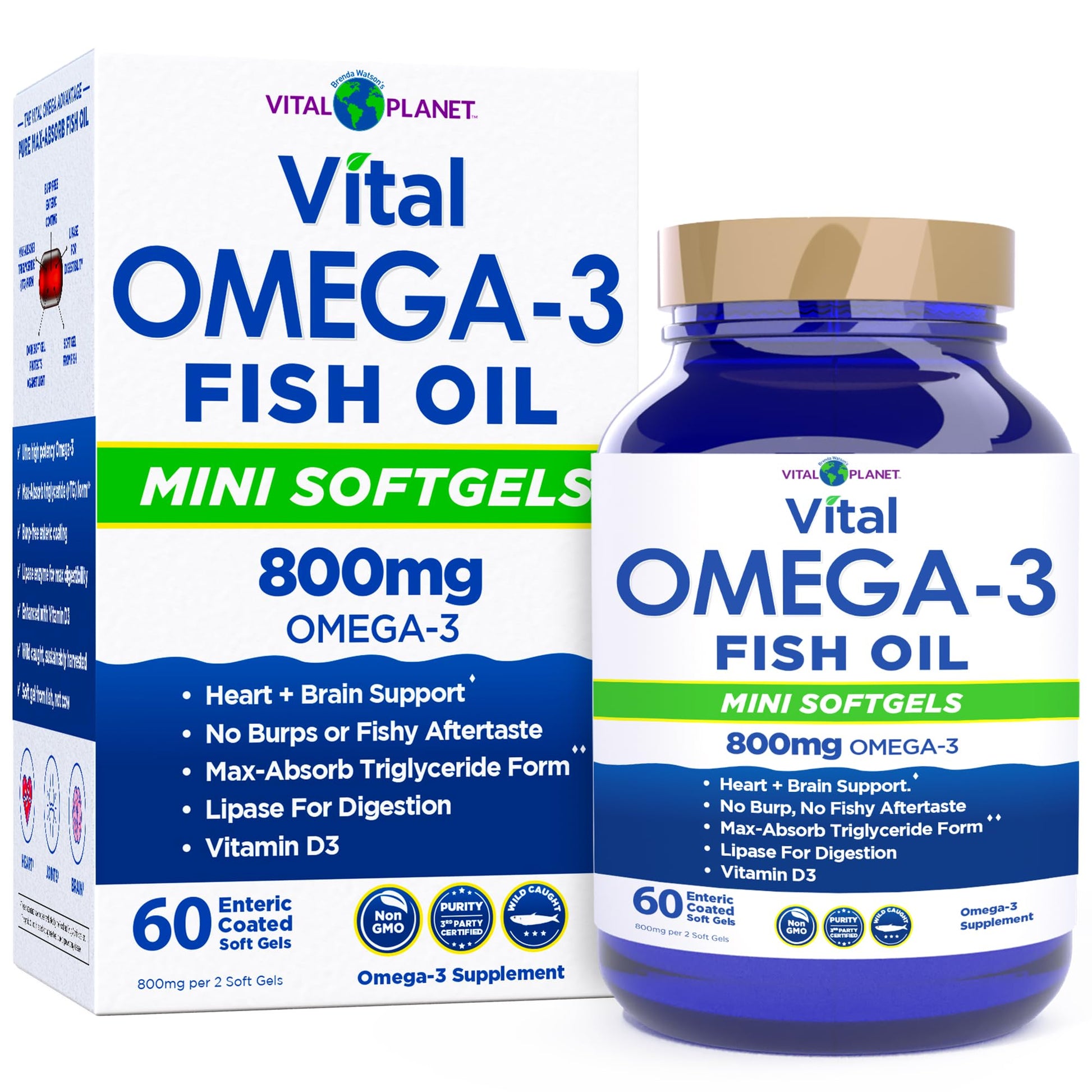 Vital Planet Vital Omega-3 Fish Oil Mini Softgels with 800mg Wild-Caught Omega-3s (EPA, DHA, and DPA) for Heart Health, 60 Softgels
