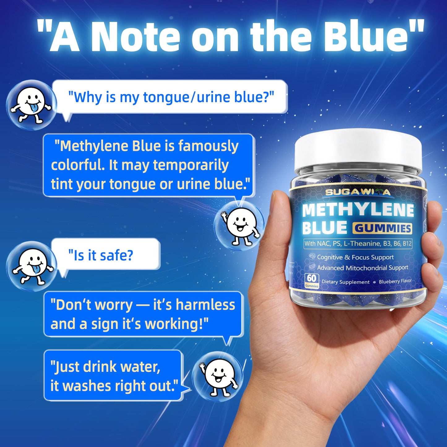 SUGAWITA Methylene Blue 10mg with NAC, B Vitamins for Adults, 60 Gummies