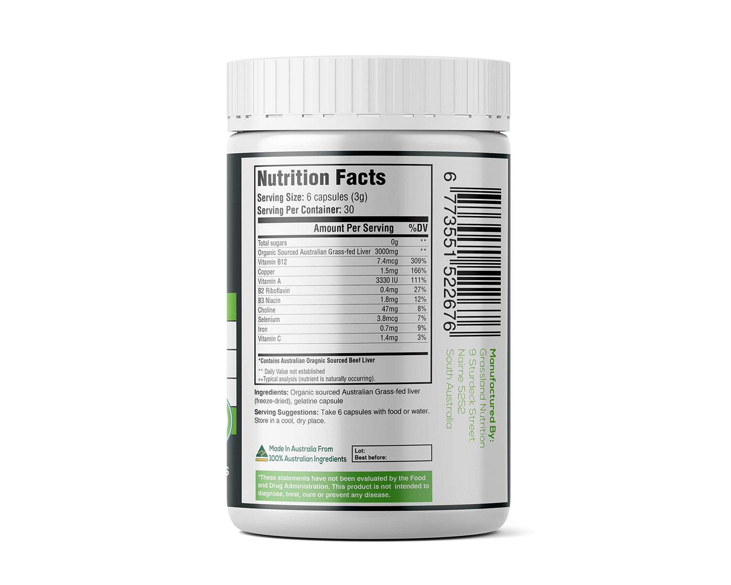 Grassland Nutrition Grass Fed Beef Liver 100% Organic Sourced — Natural B12 for Energy, Iron & Vitamin A (180 Capsules)