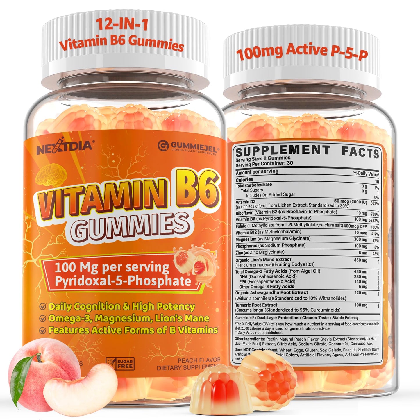 Nextdia Vitamin B6 Gummies 100mg (P-5-P) + Methyl B12 & Folate, High Potency with Magnesium, Omega-3, Riboflavin, Lion's Mane, Zinc for Cognitive, Nerve, Energy, and Mood & Immune Support, Sugar Free, 60 Gummies