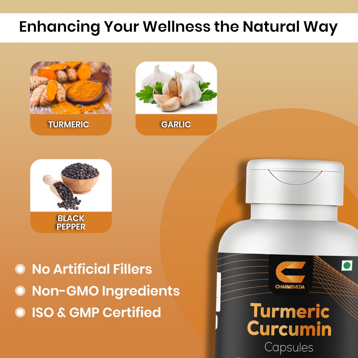 CHARMSVEDA Turmeric Curcumin with Garlic & Black Pepper Extract, 60 Capsules