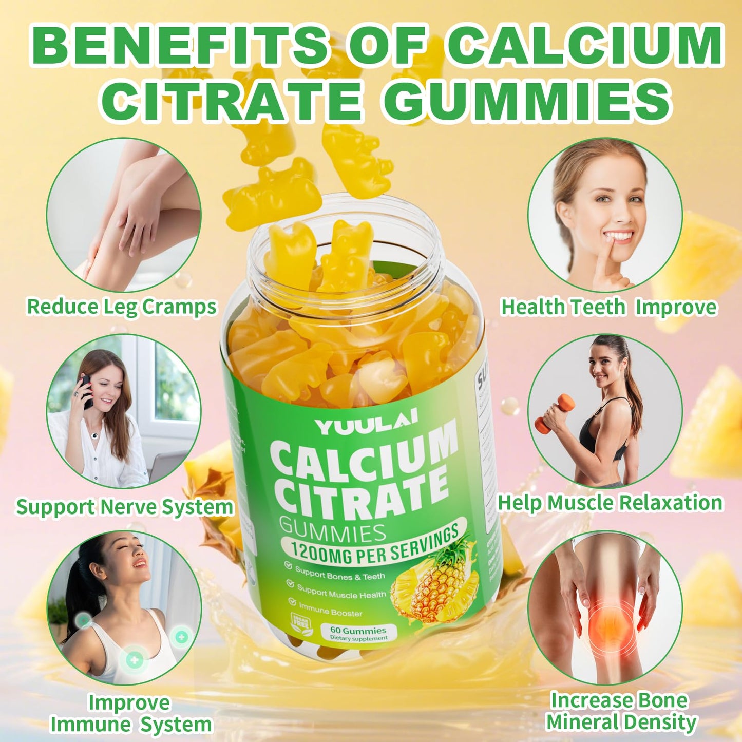 YUULAI Calcium Citrate Gummies 1200mg, 120 Count