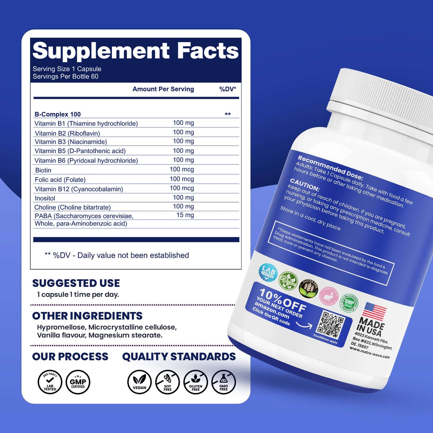 Nutra Wave Super B Complex Vitamins for Women & Men Capsules, 60 Count
