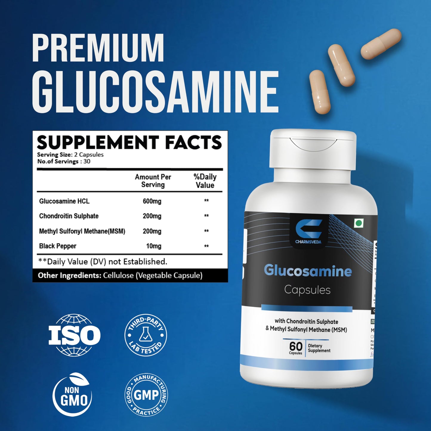 CHARMSVEDA Glucosamine with Chondroitin Sulfate, MSM & Black Pepper Extract Capsules, 60 Count