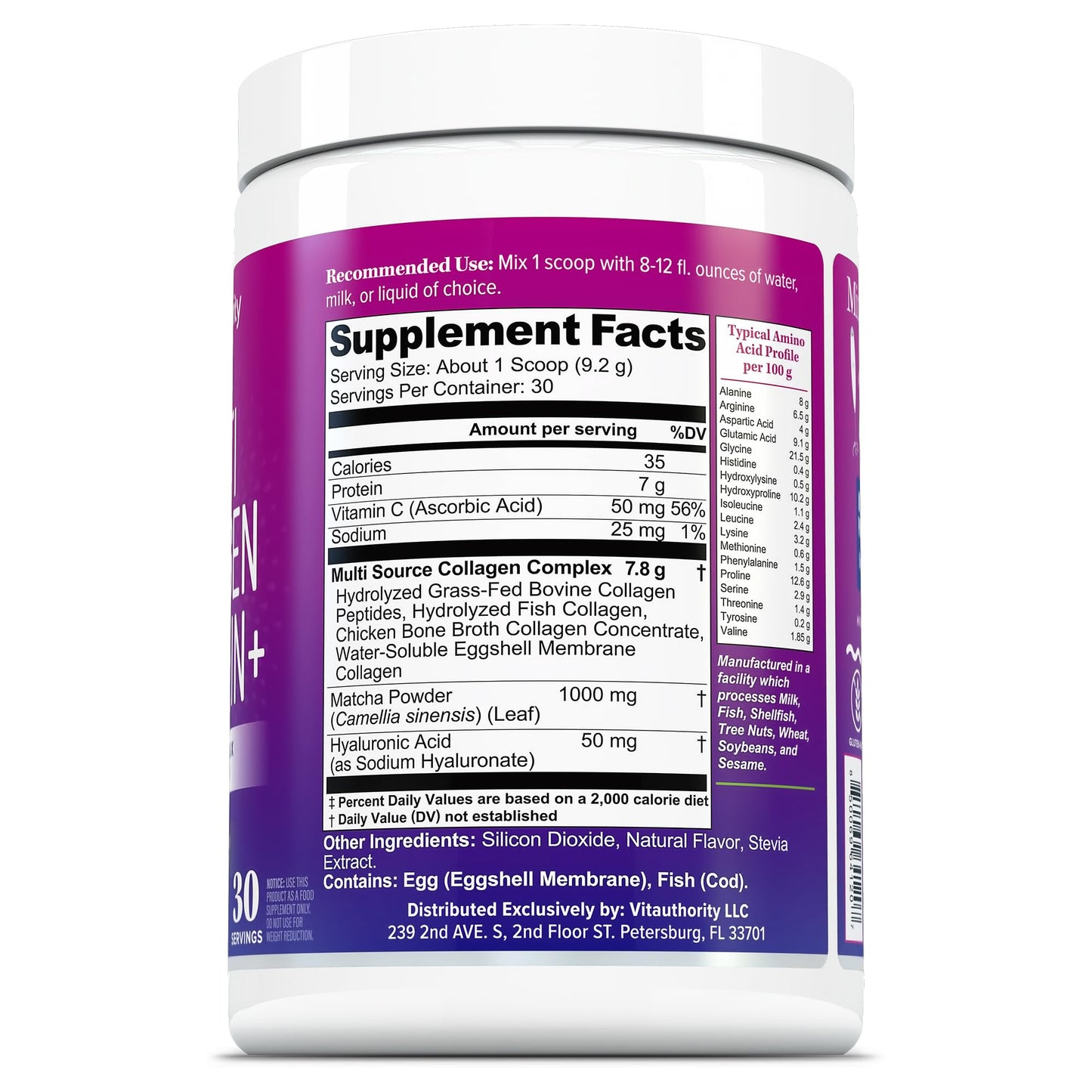Vitauthority Multi Collagen Protein Powder, Types I II III V & X, Vitamin C & Hyaluronic Acid, Matcha Flavor, 9.7 oz, 30 Servings