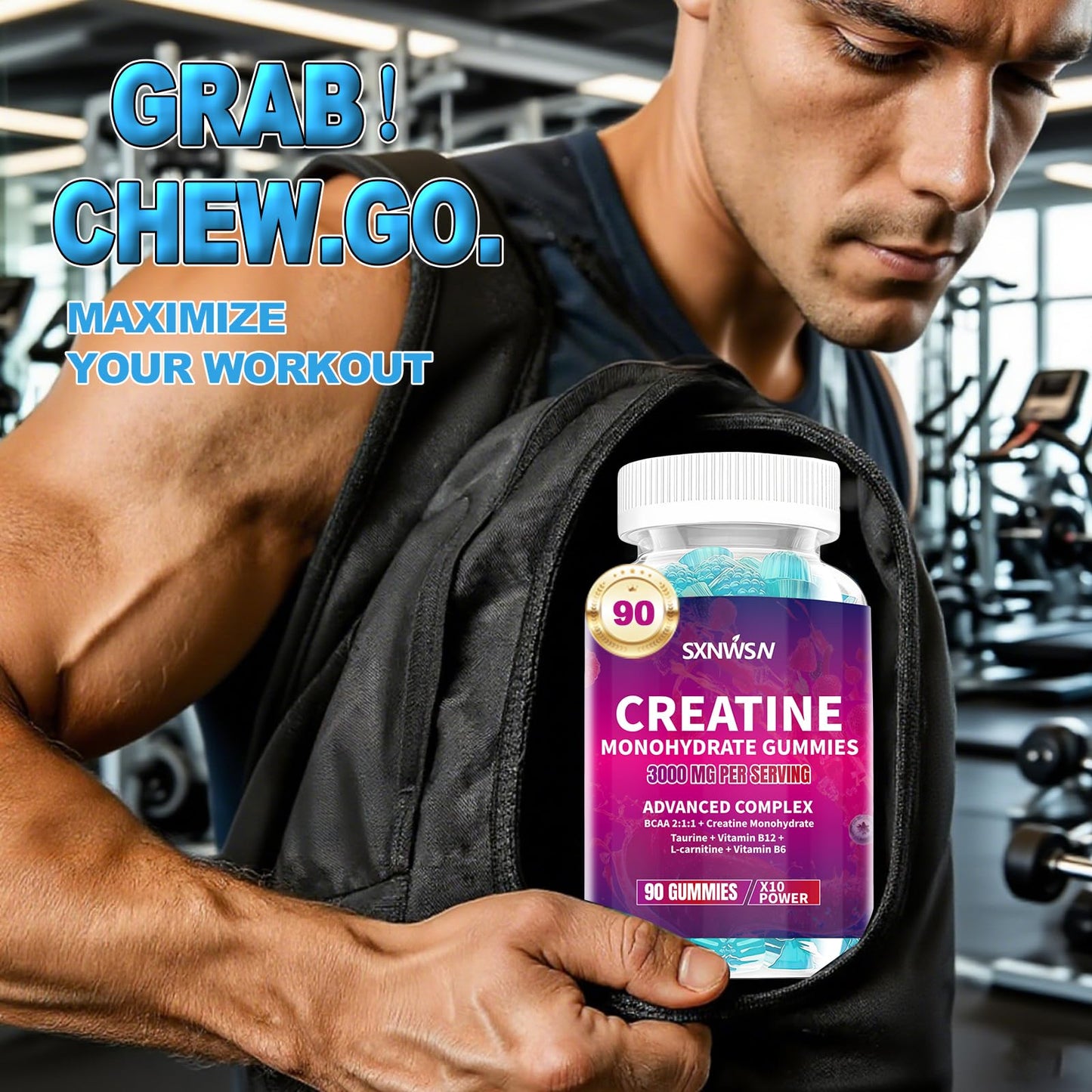SXNWSN Creatine Monohydrate Gummies, Advanced Complex with BCAA, L-Carnitine, Taurine, B Vitamins, 3000mg per Serving, 90 Count, Blueberry Flavored